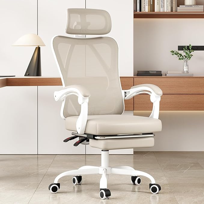 Farini Ergonomic Office Chair with Footrest, Mesh Office Desk Chair with Headrest, High Back Computer Chair with Adjustable Lumbar Support for Home Office Study Room Bedroom, White & Kakhi