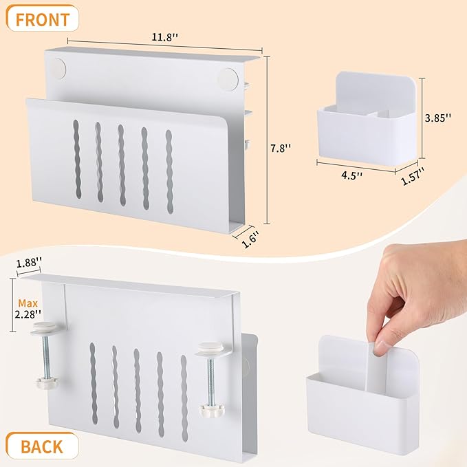 Desk Side Storage Under Desk Laptop Holder, No Drill Hanging Desk Organizer with Pen Holder, Clamp-On Table Side Tray Desktop Organization Mount for Office and Home (White)