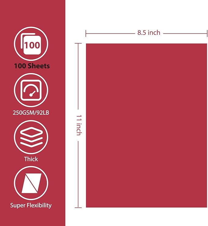 OcePor 100 Sheets Valentine's Day Red Cardstock Paper, Colored Printer Paper 8.5 x 11, Card Stock Thick Construction for Craft,Scrapbook，Office Printing, Invitations, Certificates，92 lb/250gsm