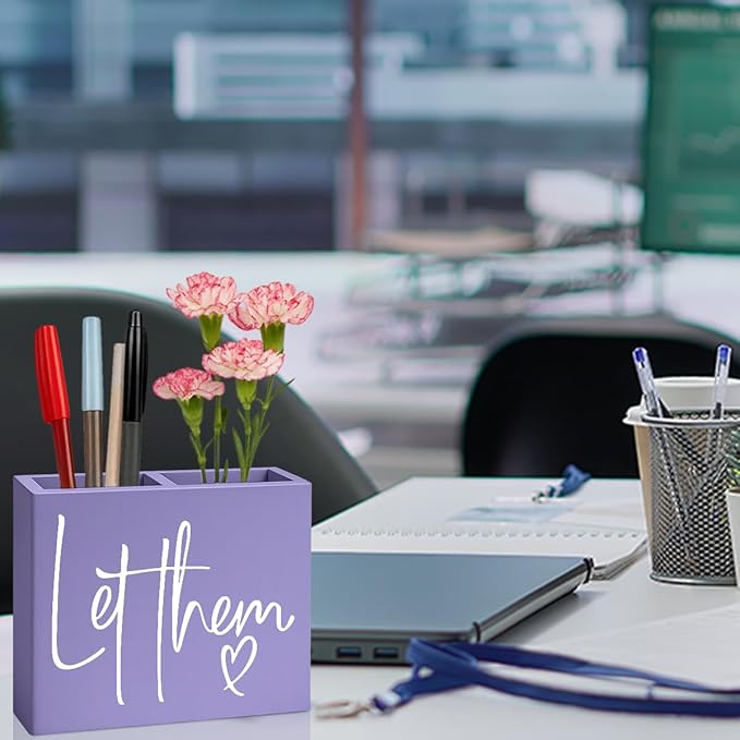 Purple Let Them Office Room Decor for Women Men HR Manager Coworker Friend Employee Wooden Pencil Holder Boss Day Gifts Funny Office Accessories Desk Decor