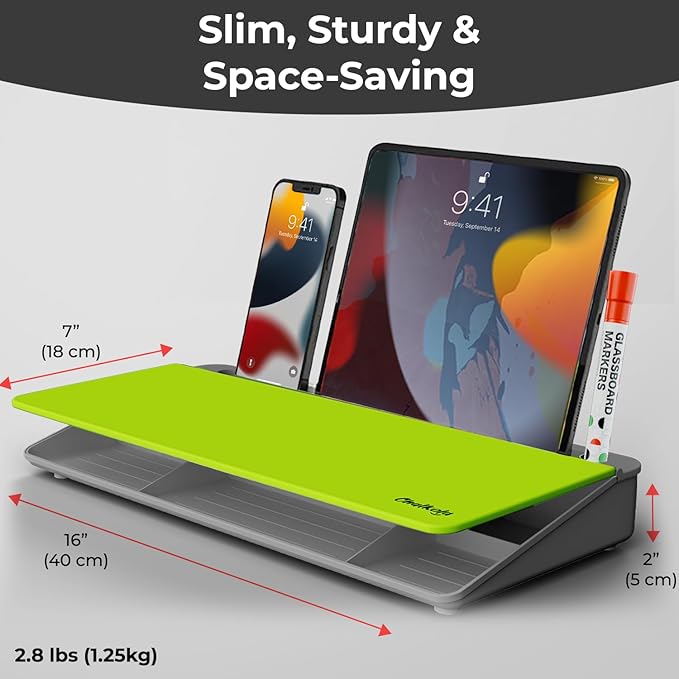 Chalkola Neon Green Glass Desktop Whiteboard with Storage - Dry Erase Board, Work Desk Organizers, Computer Keyboard Stand, Home Office Desk Accessories, Workspace Desktop Buddy + 3 Markers