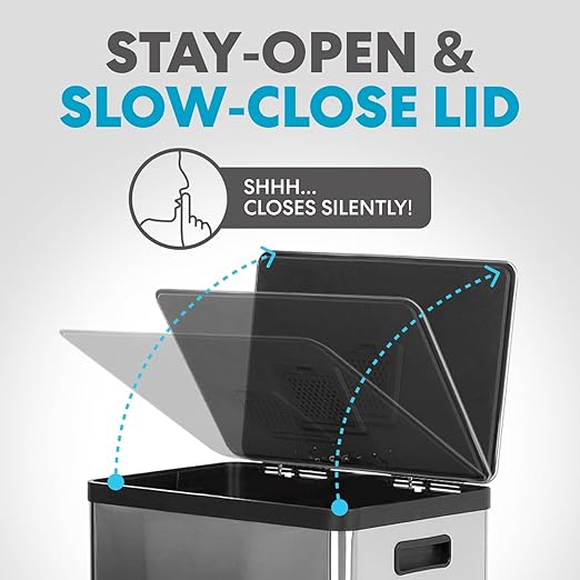 SIMPLI-MAGIC 50 Liter / 13.2 Gallon Soft-Close, Smudge Resistant Trash Can with Foot Pedal and Built in Filter- Stainless Steel, Sleek Finish