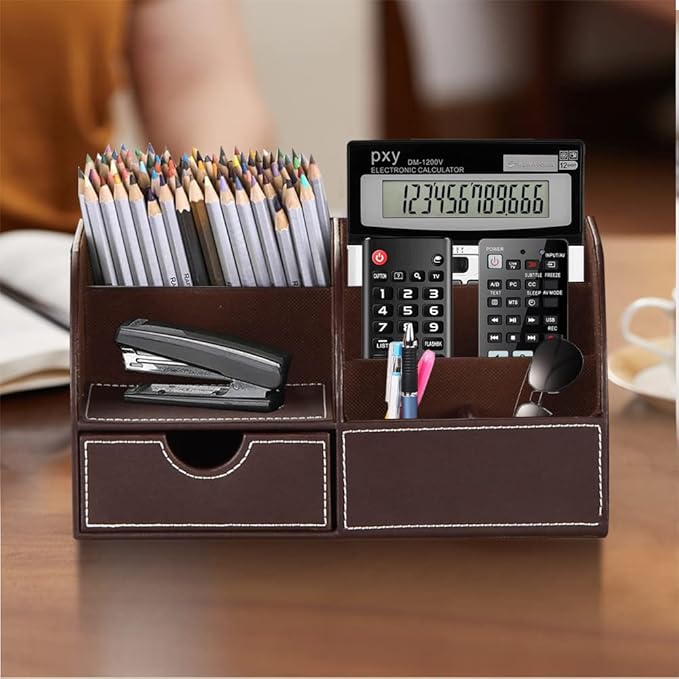 Desk Organizer, PU Leather Desktop Organizers and Accessories, Office Supplies Multi-Functional Caddy Storage with 6 Compartments and 1 Drawer, Workspace Organizer for Office Home School Classroom