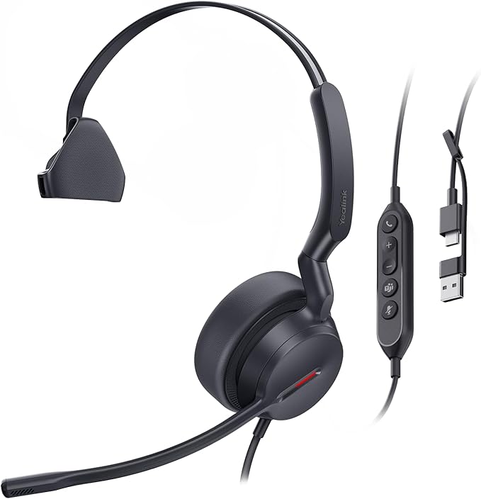 Yealink UH44 Teams Certified USB Headset - Noise Cancelling Mic, Single-Ear Design with Pivotable Boom, Monaural Audio for PC/Laptop with Inline Controls, USB-C/A & Busylight