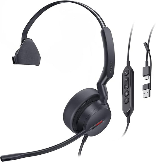 Yealink UH44 Teams Certified USB Headset - Noise Cancelling Mic, Single-Ear Design with Pivotable Boom, Monaural Audio for PC/Laptop with Inline Controls, USB-C/A & Busylight