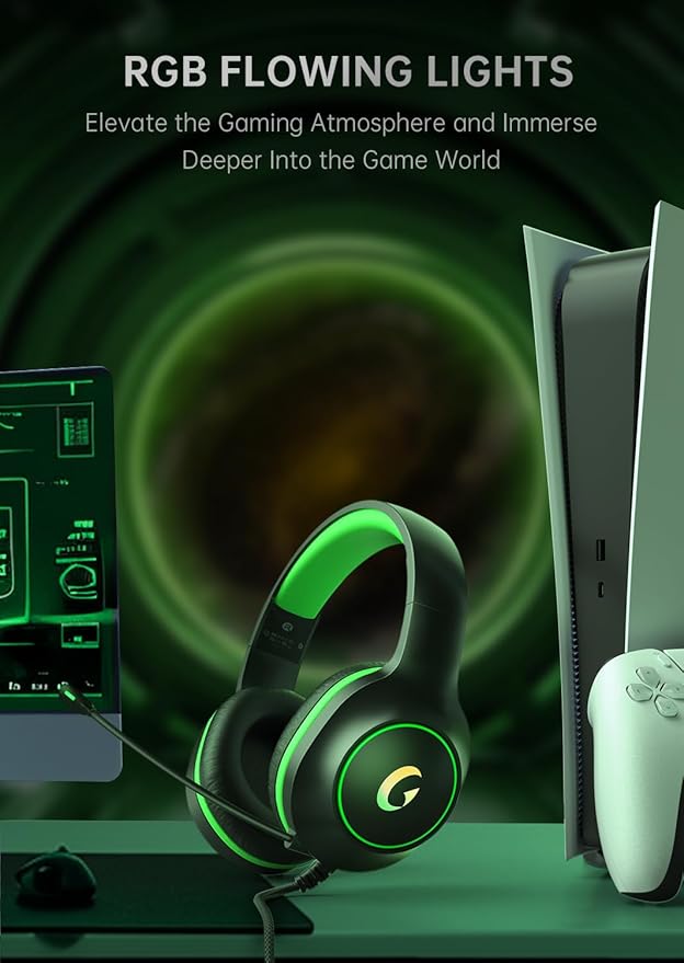 CM7002 Gaming Headset for PS5, PS4, PC, Mac, Switch, Xbox Series, Surround Sound RGB Gaming Headphones with Noise Canceling Microphone, 50MM Dynamic Drivers, 3.5MM Audio Jack, Black Green