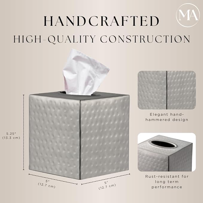 Monarch Abode Hand Hammered Tissue Box Cover Square, Pewter Tissue Holder for Bathroom, Square Metal Dresser Accessories for Home, Decorative Tissue Box Holder, Pewter Handcrafted Tissue Cover