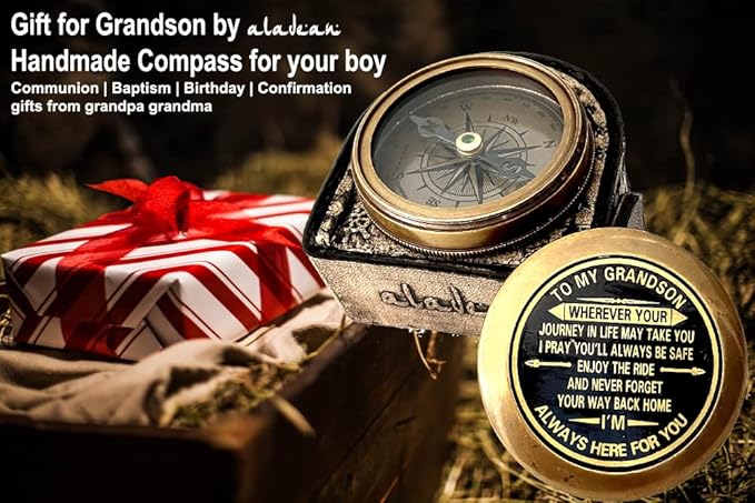 Gift for Grandson Brass Compass Engraved Quote | Memory Present to My Grandson Birthday, Baptism, Graduation, Confirmation, Love, Gift idea by Grandpa Grandma