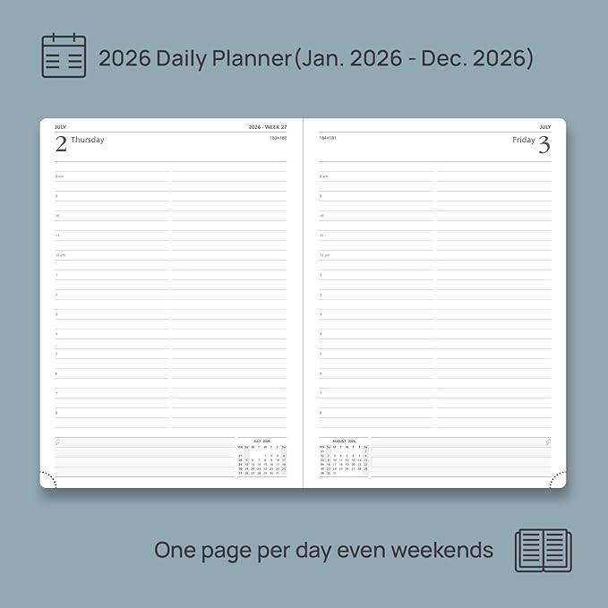 POPRUN 2026 Daily Planner One Page Per Day Even Weekends A4 Large Size (8.5" x 12") - 12 Months Calendar Hourly Appointment Book with Inner Pocket, Pen Holder, Hardcover - Black