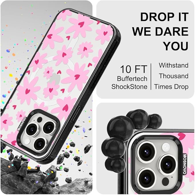 MOSNOVO Magnetic Case for iPhone 15 Pro Max, 10ft Military-Grade Protection, Compatible with Magsafe, Shockproof Phone Case for iPhone 15 Pro Max - Love in Bloom - Clear Black