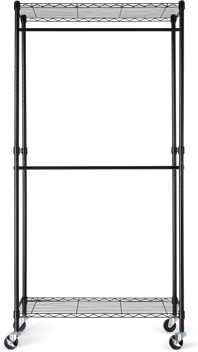 Amazon Basics Adjustable, Double Hanging Rod Garment Rolling Closet Organizer Rack with Wheels, Heavy Duty, Black, 36'' x 14'' x 72'', WI-GAR1436B
