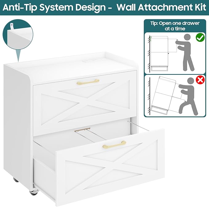 Lateral File Cabinet 2 Drawers Mobile File Cabinet with Charging Station for Letter/Legal/A4 Size Hanging Files, Large Wood File Storage Cabinets Printer Stand for Home Office, Simple White