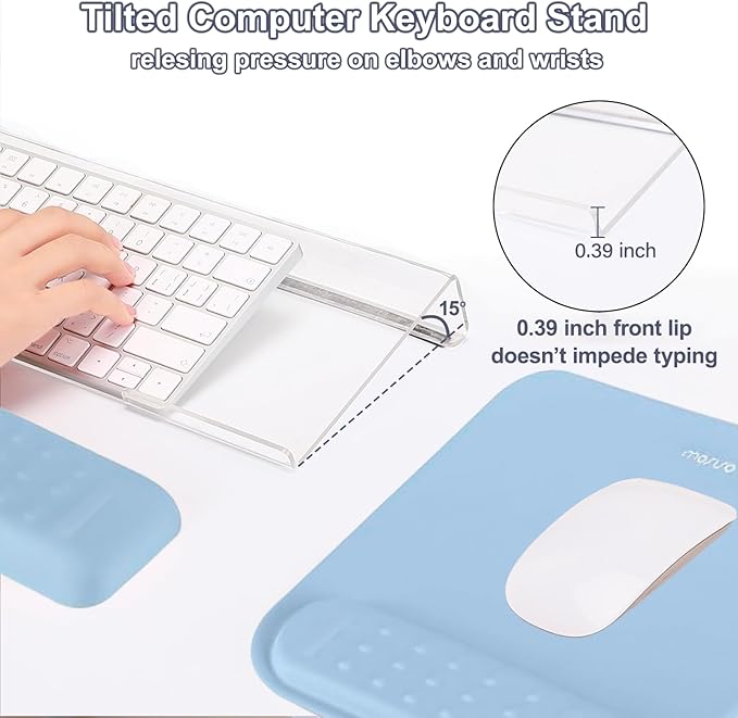 MOSISO Computer Keyboard Stand&Wrist Rest Support for Keyboard &Mouse Pad Set, Ergonomic Massage Wrist Rest Set, Easy Typing Working Acrylic Clear Stand for Office Home, Air Blue