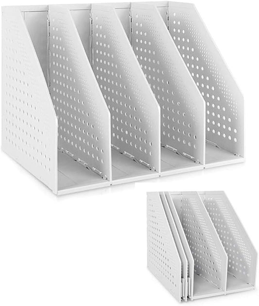 SAYEEC Collapsible Magazine Holder Plastic Desktop 4 Compartment File Desk Magazine Organizer Vertical File Divider Sorter Storage Document Organizer for Office Home School Gray