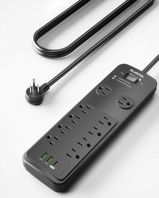 Surge Protector Power Strip 10FT, PLUGTUL Surge Protector with 10 Outlets - Spacious Design for Large Plugs, Flat Plug, 20W USB C Charging for Home, Office, ETL Listed，2040J