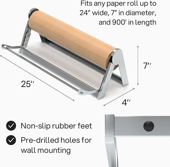 Kenley Butcher Paper Dispenser - Large Holder and Cutter for Wrapping Butcher Craft Freezer Paper Roll - Wall Mount or Tabletop - Carbon Steel Non-Slip Cutter with Serrated Blade (24-Inch)
