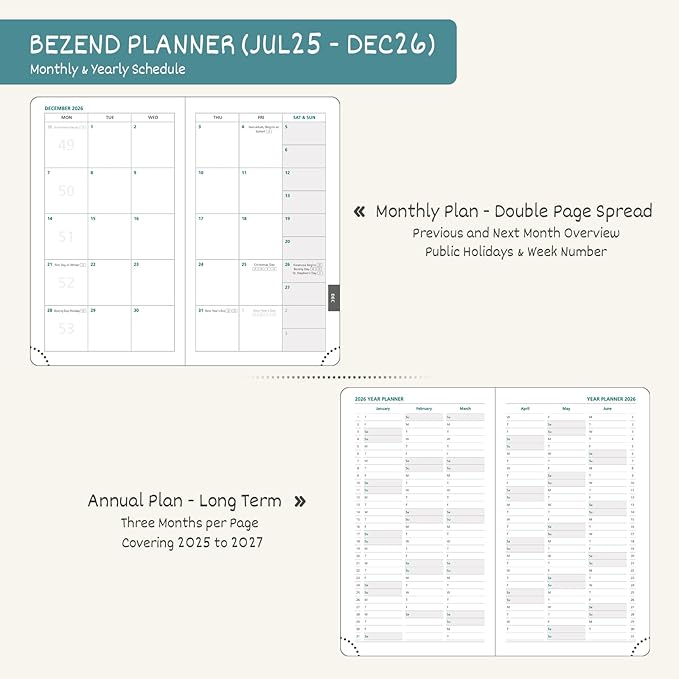 BEZEND Pocket Planner 2026 Weekly and Monthly (3.5" x 6") Small Calendar Book for Purse (Jul 25-Dec 26) with Daily Appointment, Storage Pocket, Pen Holder, PU Leather Hardcover - Black