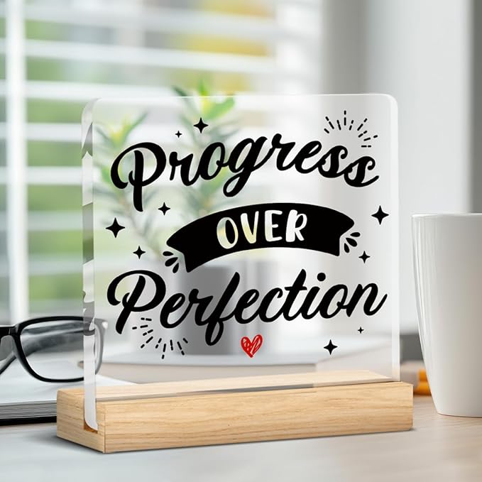 Motivational Office Desk Sign, Positive Office Decor, Inspirational Progress Over Perfection Sign for Office Decor, with Wooden Stand Gift