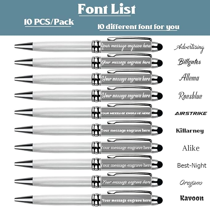 Ancolo Custom Personal Pens with Stylus Tip - Beautiful Smooth Writing Set Black ink refill - Engraved with Your Name or Slogan Perfect for Women/Lady/Girl/Teacher/Manager/10 Pens/Box