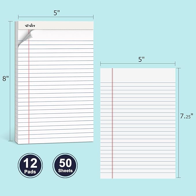 ViVin 5 x 8 Inch Legal Pads, 12 Pack, Narrow Ruled, 50 Sheets Per Writing Pad, Perforated Note Pads Ideal for Home, Office, Business, 600 Sheets, White Paper