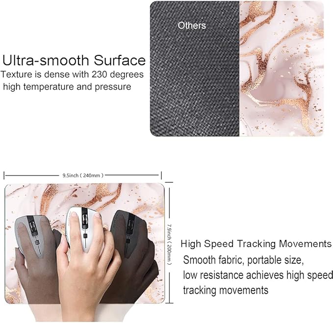Mouse Pad Marble, Pink Rose Gold Marble Mouse Pad for Women, Washable Square Cloth Mousepad for Office Laptop, Non-Slip Rubber Computer Mouse Pads for Wireless Mouse, Cute Mouse Pads for Desk
