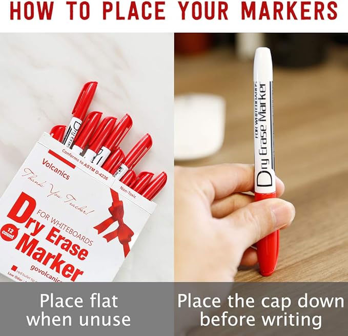 Volcanics Red Dry Erase Markers Low Odor Fine Whiteboard Markers Thin Box of 12