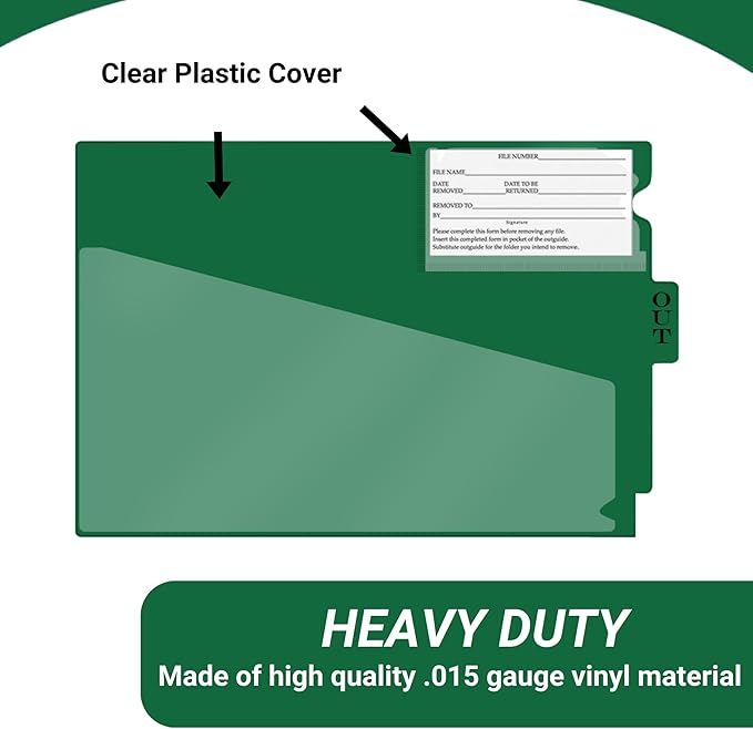 Doctor Stuff - Center Tab Vinyl Outguides, Diagonal Cut Front Pocket, Top Charge Out Slip Pocket, Plastic File Folder, Letter Size 9" x 13-1/4", Green, 50/Box