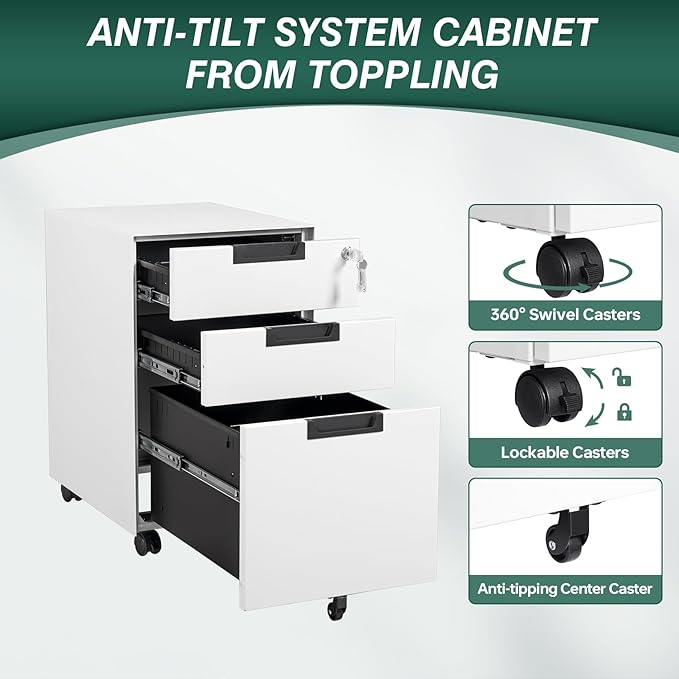 Mobile File Cabinet,3 Drawer Locking Storage Filing Cabinet,Office Metal Storage Cabinet on Wheels for Legal/Letter/A4 File(Fully Assembled，White)
