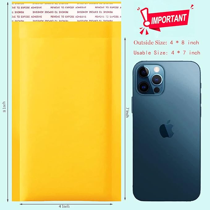 packbabol Kraft Bubble Mailers 4x8 Inch 50 Pcs,Small Self-Sealing Mail Shipping Bags,Yellow Padded Envelopes #000