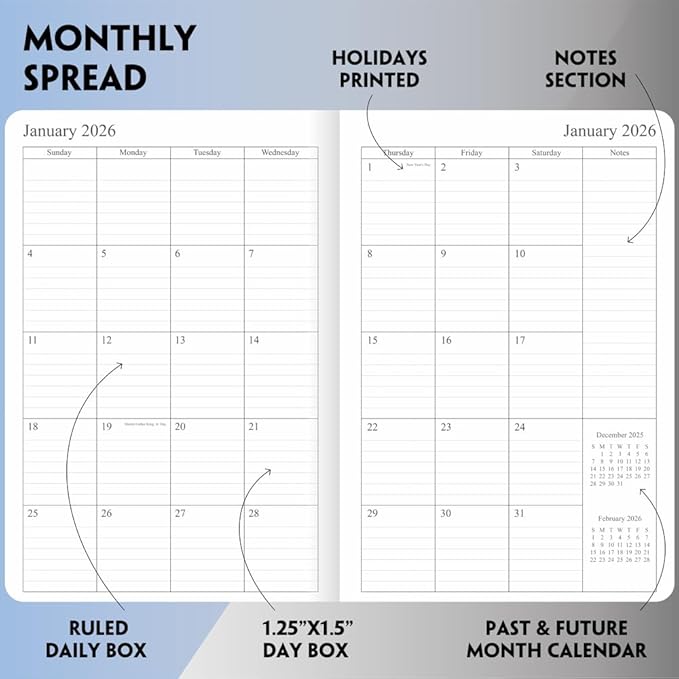 2025-2026 Planner - Weekly and Monthly Planner, Oct 2025 - Dec 2026, Contacts and Notes Pages, Vegan Leather Cover, Elastic Closure, 5.5”x8.25”, Purple