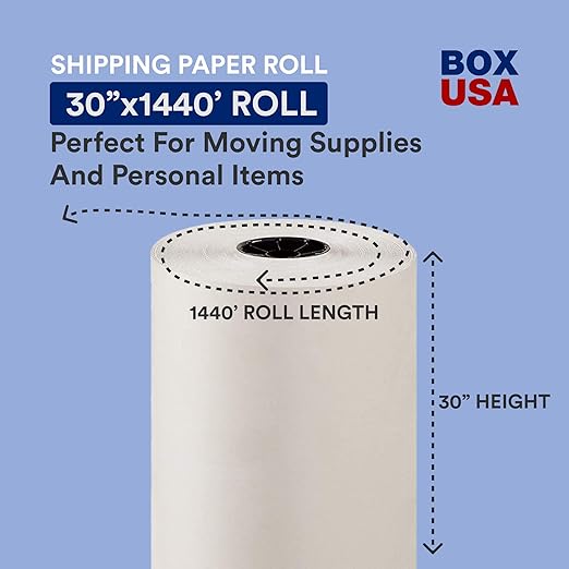 BOX USA Packing Paper Roll 1440'L x 30"W - 1,000 Sheets 17” Long Equivalent - Large White Newsprint for Shipping, Packaging, Storage and Moving Supplies