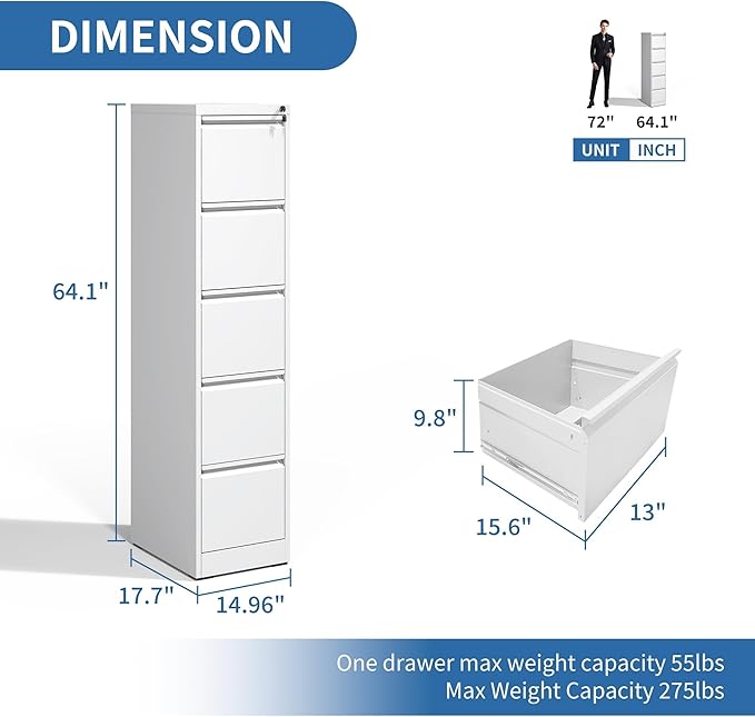 5 Drawer File Cabinet with Lock,Metal Vertical Filing Cabinets for Home Office,Heavy Duty File Storage Cabinet for Letter/Legal/A4/F4 Size File,Assembly Require (White, Vertical 5 Drawer)