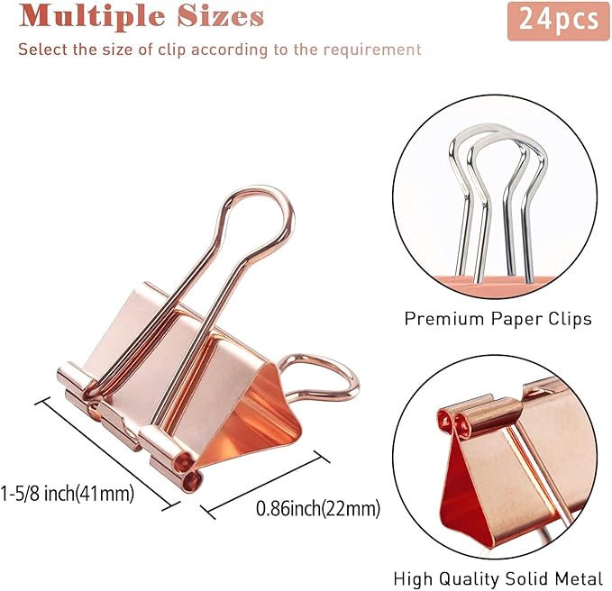 Large Rose Gold Binder Clips 1.6 inch 24 pcs, Capacity 0.66 Inch 41 mm fold Clips, Large Binder Clips, Paper Binder Clips, Large Paper Clips, Office Clips, Great Binder Clips