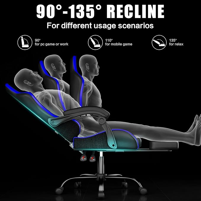 Gaming Chair, Ergonomic Office Computer Chair with Footrest and Lumbar Support Massager Racing Style High Back Video Gamer Chair, Wide＆Thick Cushion, 90°-135° Recline, Adjustable Height, Blue