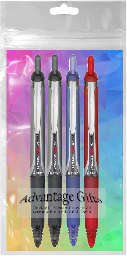 Precise V5 RT Retractable Rolling Ball Pens, Extra Fine Point (.5mm), Assorted Colors Black/Blue/Red Ink, 4-pk; Premium Comfort Grip, Bundle with Plastic Reusable Pouch