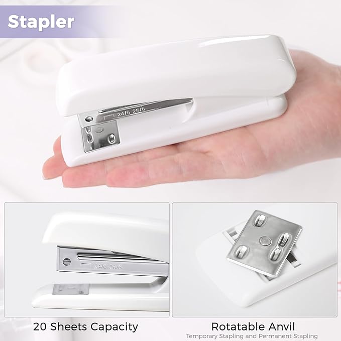 SKYDUE White Office Supplies Set, Desk Accessories, Stapler, Tape Dispenser, Scissors, Binder/Paper Clips and 1000pcs Staples, Office Decor for Women