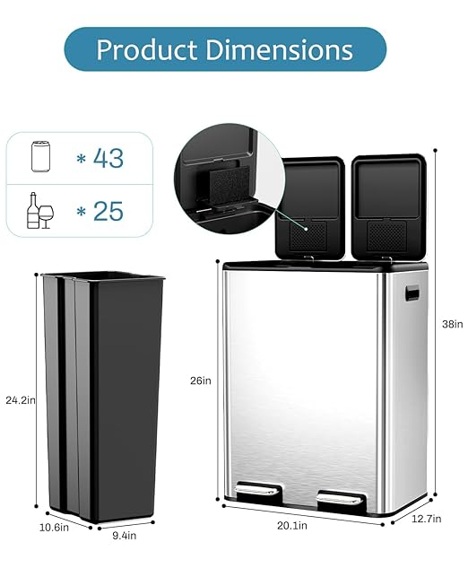 16 Gal (2 x 30 L) Dual Trash Can, Stainless Steel Kitchen Garbage Bin, Recycle Dustbin with Odor Control Box, Soft-Close Lid, Inner Buckets, Side Handle, Step Pedal, for Home Office