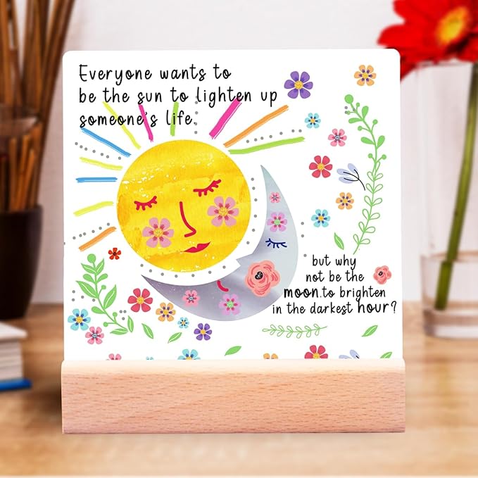 Inspirational Gifts for Teen Girls Women Birthday Christmas-Encouragement Gift Cheer Up Gifts for Friends-Motivational Sign Ceramic Plaque Desk Decor-Sun and Moon Sign