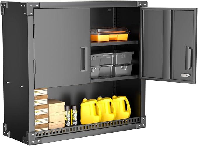 INTERGREAT Metal Wall Storage Cabinet with Locking Door and Adjustable Shelves, 31" Black Wall-Mounted Tool Cabinet for Garage,Warehouse,Office,Basement