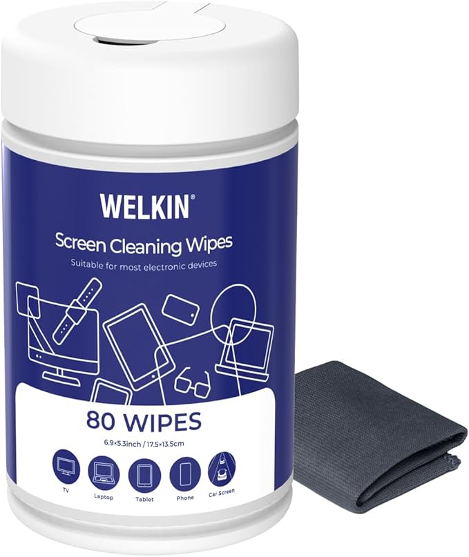 WELKIN 80 Electronics Cleaning Wipes - Non Toxic Screen Cleaner, Streak Free Touchscreen Cleaning for All Phones, Laptop, Computer, TV and Car，1 X Microfiber Cloth Included