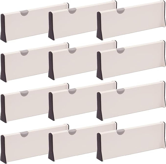 DIOMMELL 12 Pack Adjustable Plastic Drawer Dividers, White, 4"H x 11"-17"L, Expandable Organizers for Kitchen, Bedroom, Closet, Bathroom & Office Drawers