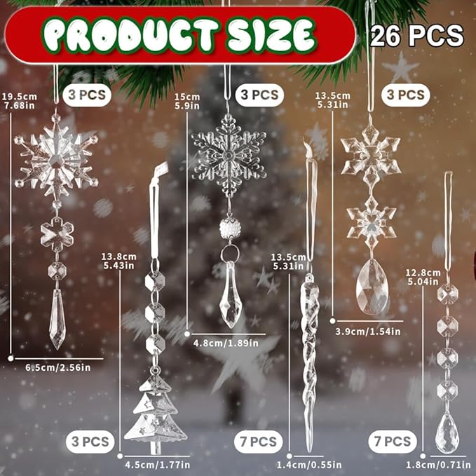 Lanpn 26PCS Christmas Ornaments Crystal Christmas Tree Decoration, Hanging Clear Acrylic Snowflake Icicle Drop Pendants for Xmas Winter Outdoor Indoor Party Decoration Transparent