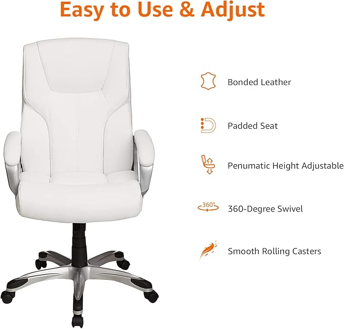 Amazon Basics Executive Home Office Desk Chair with Padded Armrests, Adjustable Height and Tilt, Rolling Swivel Chair, 275 Pound Capacity, White and Pewter