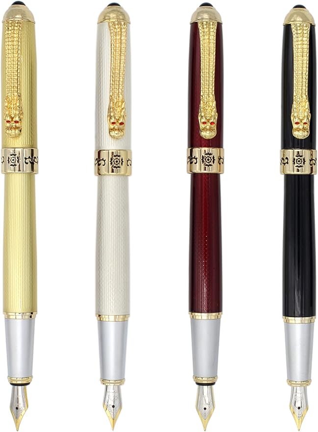 Gullor Fountain Pen with Ink Converter, Golden Dragon Clip, Executive Pen for Smooth Writing, Fine Nib, Black