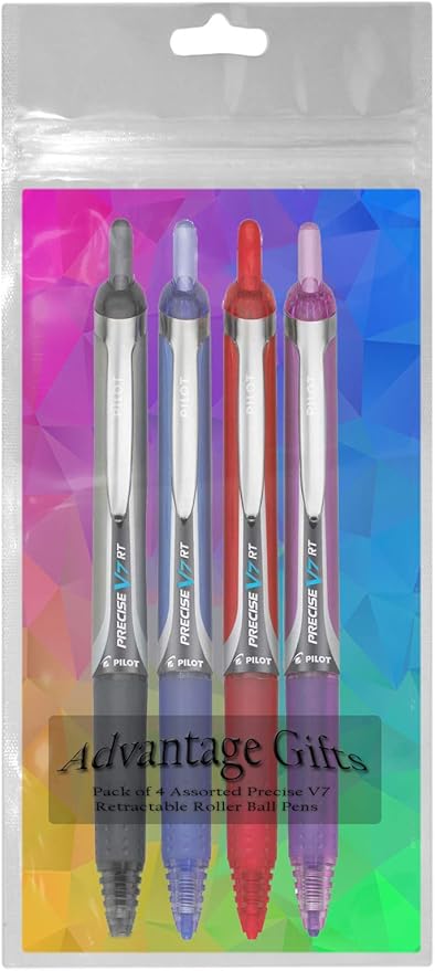 Precise V7 RT Retractable Rolling Ball Pens, Fine Point (.7mm), Assorted Colors Black/Blue/Red/Purple Ink, 4-pk; Premium Comfort Grip, Bundle with Plastic Reusable Pouch