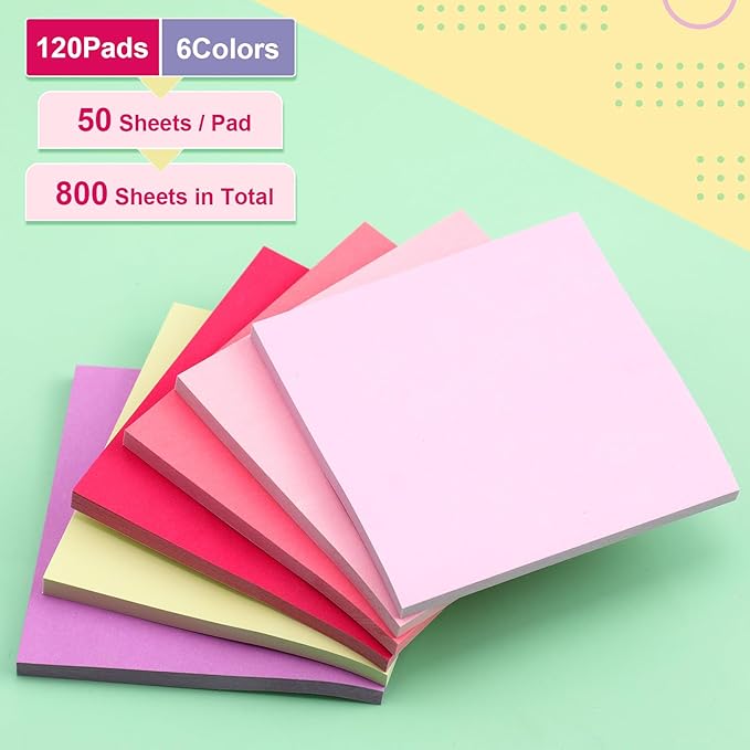 Fainne 120 Pack Sticky Notes Bulk Back to School Supplies Self Stick Note Pads Paper Memo for Office First Day of School Student Teacher Essentials (3x3 Inch,Vivid Color)