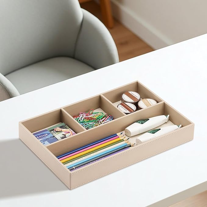 KINGFOM 4-Slot Leather Drawer Tray Desk Stationery Sundries Organizer Storage Box Pen Pencil Holder Case Container (Dark Beige)