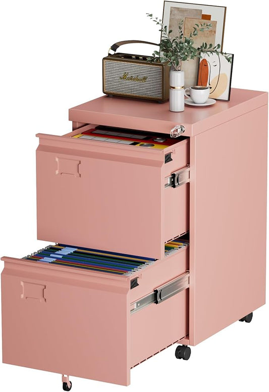 Aobabo Metal 2 Drawer Office File Cabinet with Lock, Under Desk Office Steel Files Cabinet on Wheels, 25.6''H Legal/Letter A4 Size, Assembly Required, Pink