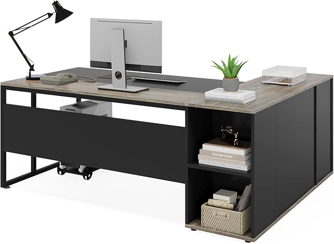 Tribesigns 71 inch Executive Desk, L Shaped Desk with Cabinet Storage, Executive Office Table with Shelves, Business Furniture Set Workstation for Home Office, Gray