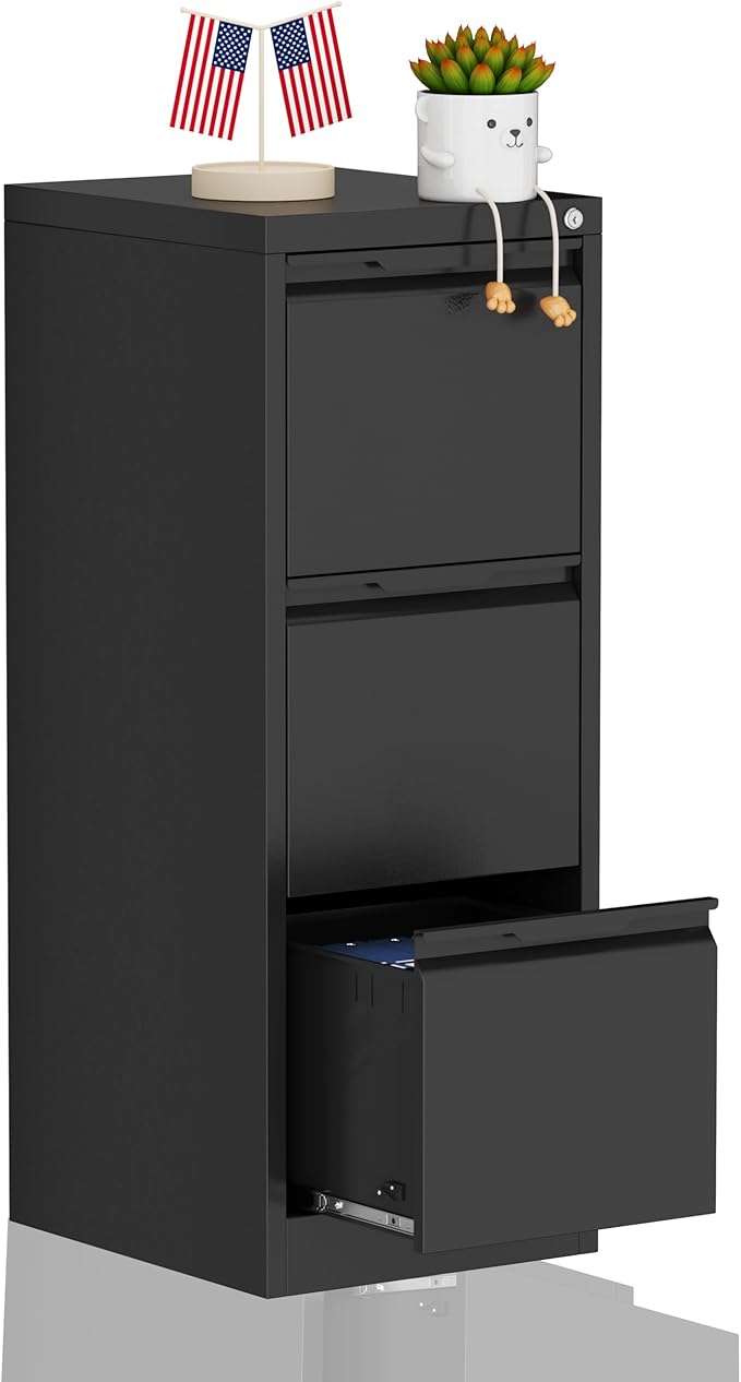 3-Drawer File Cabinet with Lock,Metal Vertical Filing Cabinets for Home Office,Under Desk File Cabinets for Letter/Legal/A4 Size Files,Easy Assemble,Black